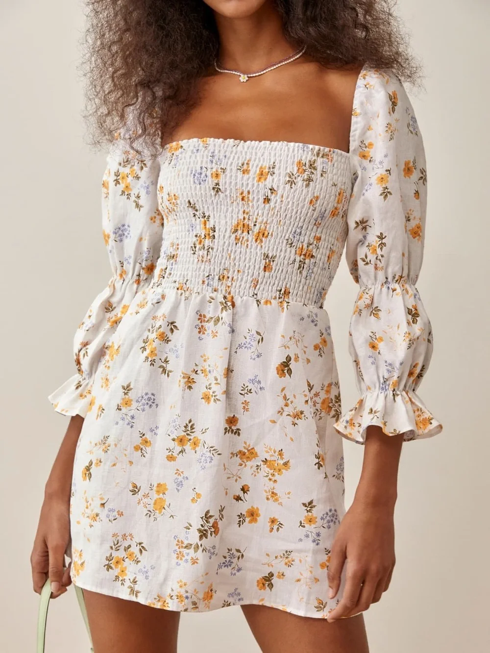 SOLD Reformation Zoya Linen Floral Mini Dress XS Cottagecore Puff Sleeve - Picture 1 of 6